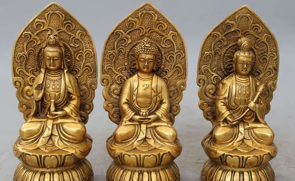 

7"Tibet Buddhism Fane Bronze gild Three Saints of the West Kwan yin Buddha Set