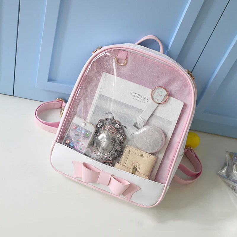 RU BR High School Students Korean Large Capacity Backpack Fashion Bowknot Bag Transparent Pink Girl Cute