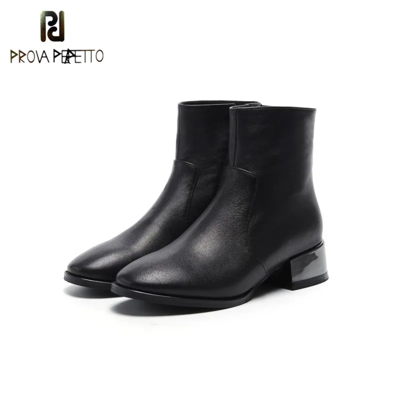 

Prova Perfetto Hot Style Black Motorcycle Boots Low Heel Round Toe Genuine Leather with Metal Heel Zipper Comfort Woman Boots