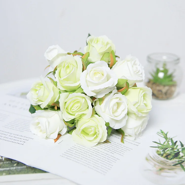 CHENCHENG, 12 шт./лот, 26 см, искусственный букет роз, Шелковый цветок, для гостиной, интерьера, стола, невесты, свадебные украшения - Цвет: white and green