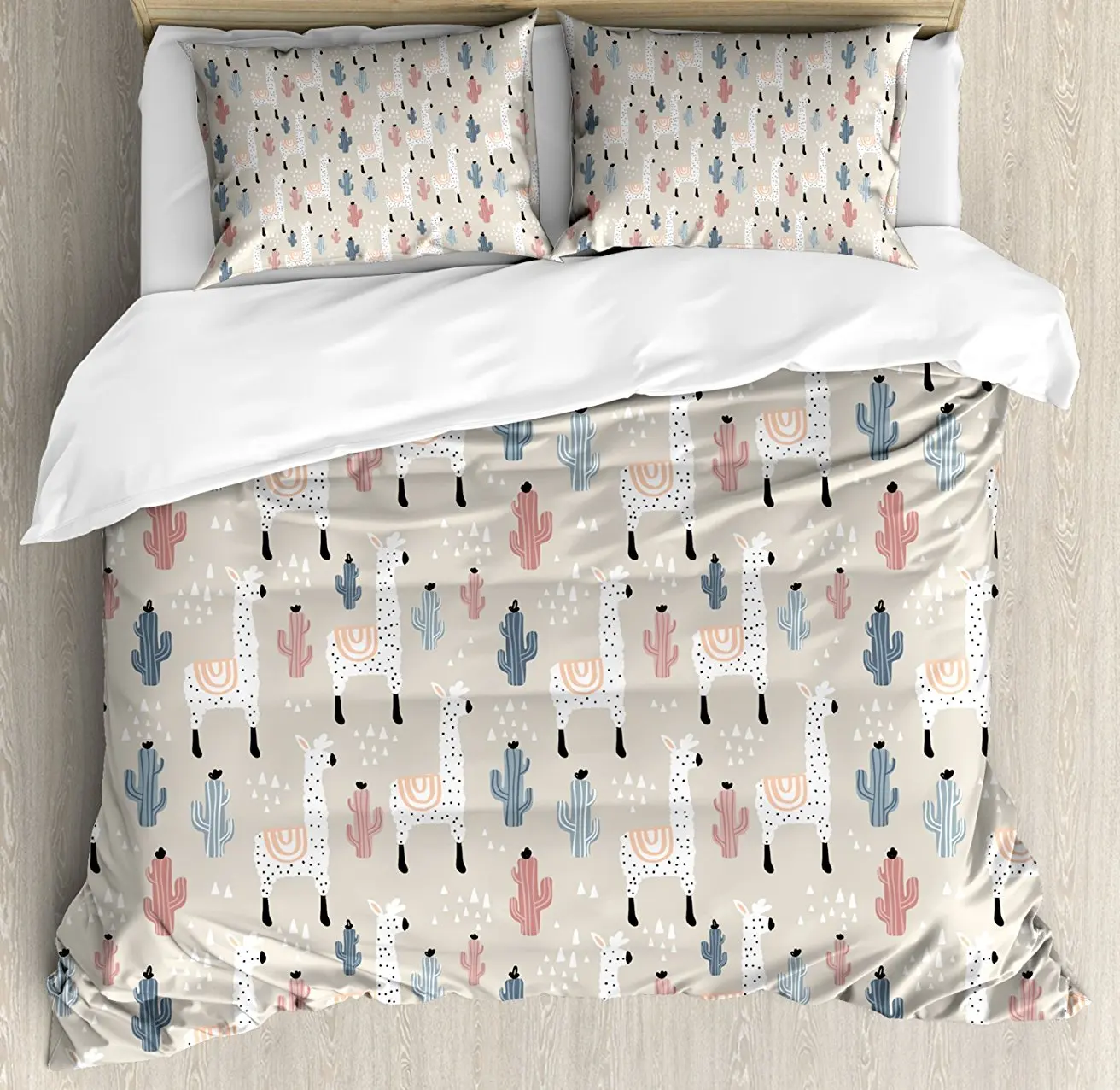 

Duvet Cover Set, Pattern with South American Animal Guanaco Cactus and Hand Drawn Childish Elements, 4 Piece Bedding Set