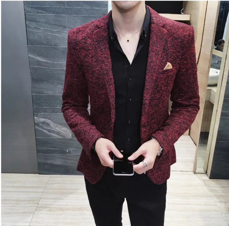 Корейский стиль мужской моды тонкая куртка Серый ВИНО цвета: красный и коричневый 3 вида цветов весна блейзер молодого человека Повседневный пиджак наряд использовать для бизнеса