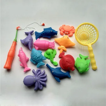 14pcs Set Magnetic Fishing Toy Game Kids 1 Rod 1 net 12 3D Fish Baby Bath Toys Outdoor Fun Free Shipping