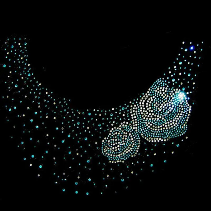 Floral Neckline Collar Trim Rhinestones Iron on Hot Fix Motif Heat Press Applique Patch