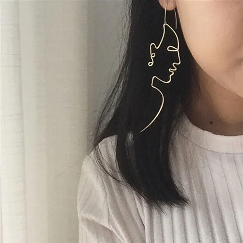 

Unique Charming Gold/Silver Filled Face Dangle Wire Earrings Girls Artsy Outline Long Earrings For Women Bijoux