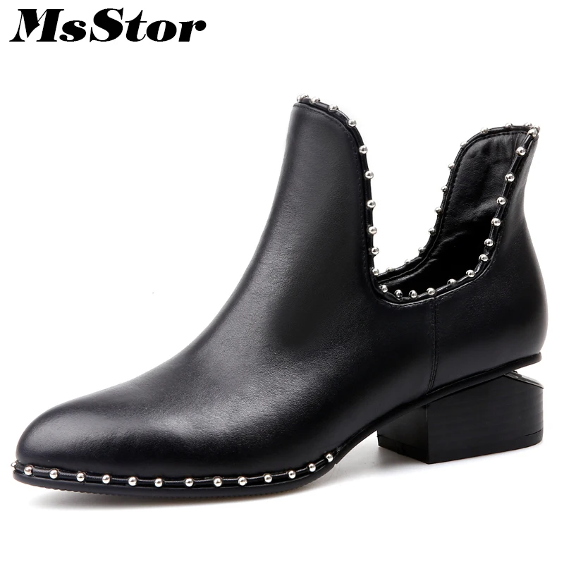 

MsStor Pointed Toe Square Heel Women Boots Casual Fashion Metal Rivet Ankle Boots Women Shoes Mature Sexy Med Heel Boots Women