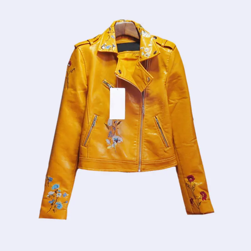 Кожаная куртка с цветочной вышивкой, Женская Черная байкерская куртка, Панк искусственная куртка, jaquetas couro Casaco chaquetas PU куртка - Цвет: yellow
