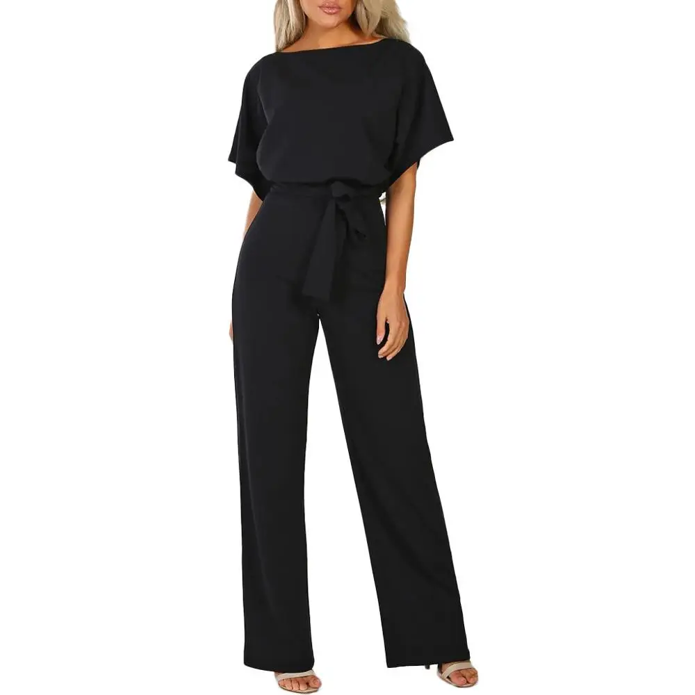 

New Arrival Solid Color OL bodysuit Women Summer Casual Short Sleeve Playsuit Clubwear Straight Leg Jumpsuit With Belt ED