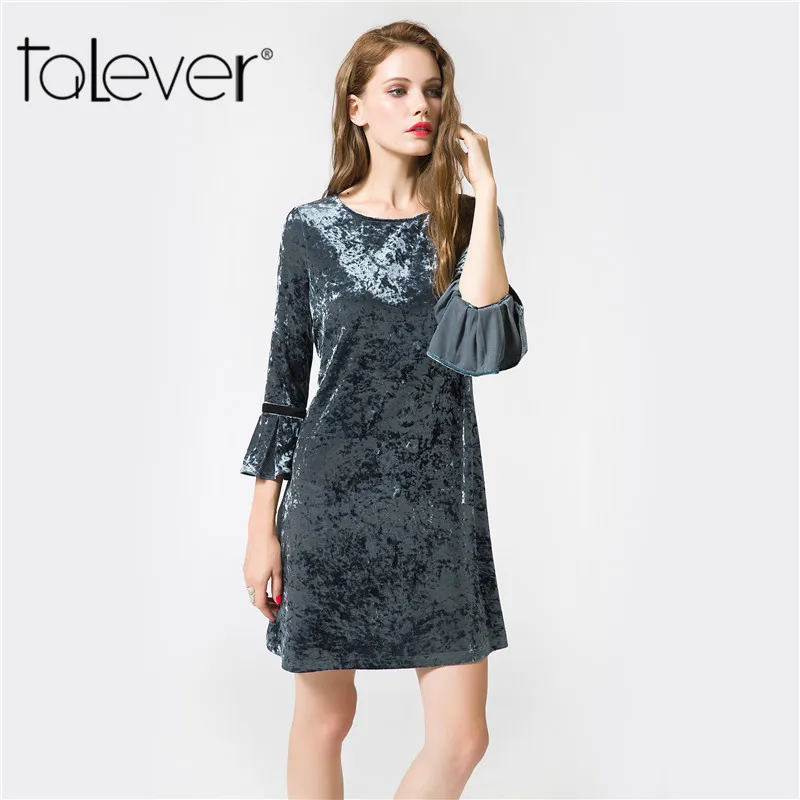Herbst Frauen Samt Mini Kleider Fashion Solid Flare-Kurzarm Kleid Weibliche Beiläufige Grün Abendgesellschaft Kleid Größe 4XL Talever
