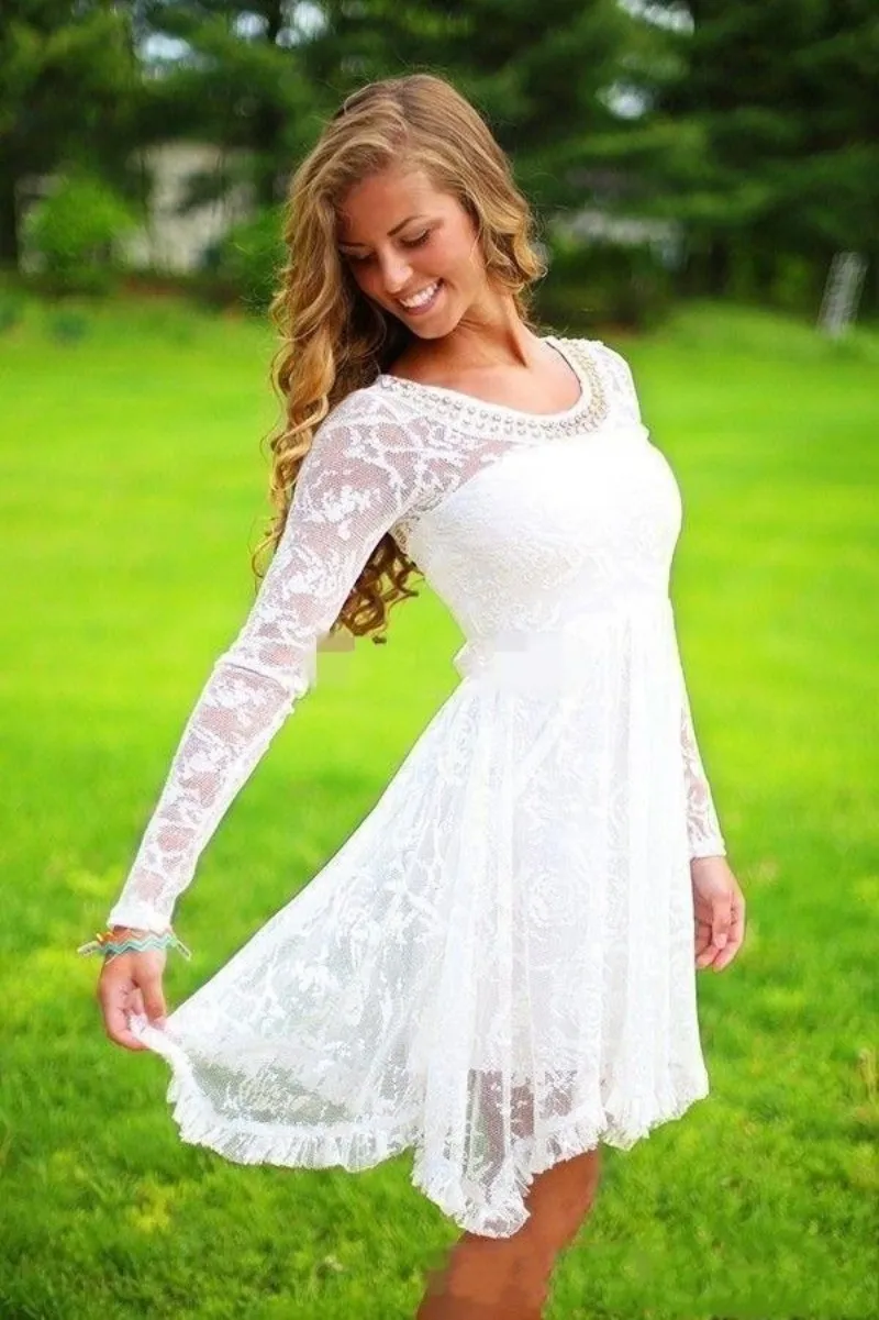 

Short Garden Wedding Dresses Full Lace Long Sleeves Illusion Bridal Gowns Crystal Beach Vestidos De Novia O-neck 2019