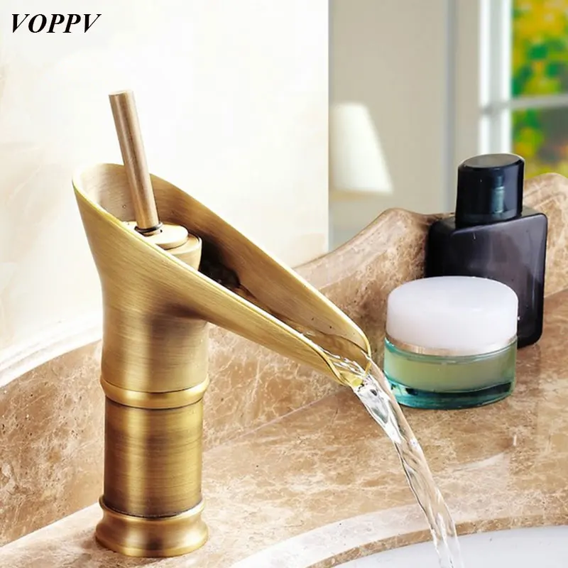 

VOPPV Bathroom Basin Sink Mixer Faucet Retro Style Cold and Hot Water Taps Copper Material Easy to Install Home Bathroom Faucet