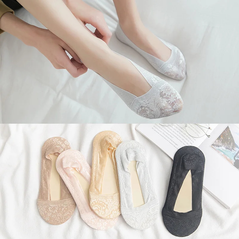 

2pairs Spring and summer Women's socks Slippers new Boat Socks Silica gel non-slip lace thin Ankle Women Invisible socks