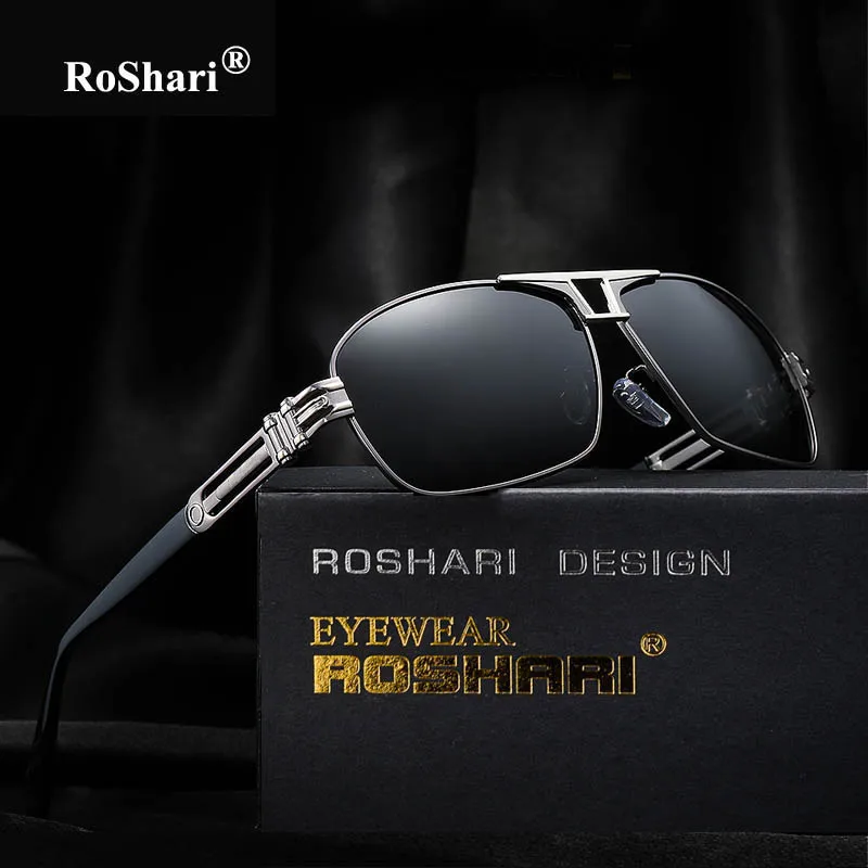 

RoShari Driving sunglasses men polarized Aluminum Magnesium polaroid Square Vintage sun glasses for men lentes de sol hombre