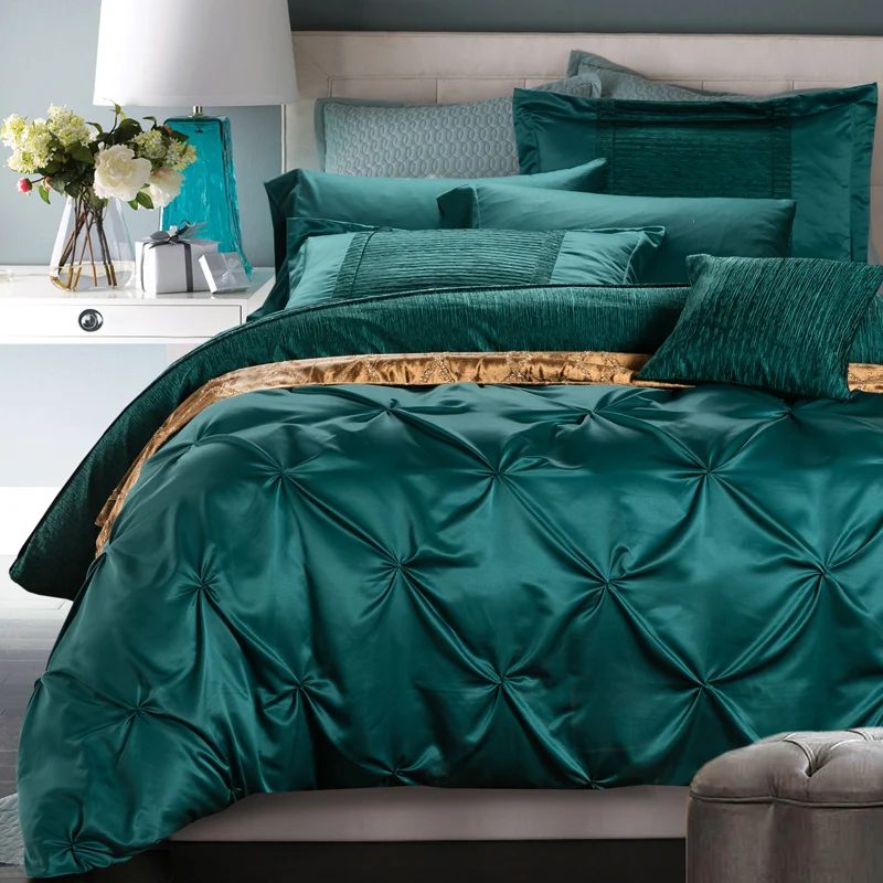 sunnyrain 4 pieces cotton imitated silk luxury bedding set pinch dark green sheet set