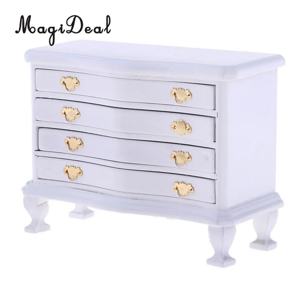 1/12 Scale Dollhouse Miniature Furniture White Dresser 4-Drawer Cabinet Room Life Scenes Decoration Accessories White