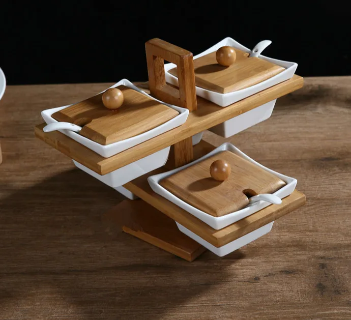 Креативная керамическая приправа с отверстием для резервуара деревянная крышка коробка бамбуковая рамка кухонные принадлежности квадратный набор бутылок