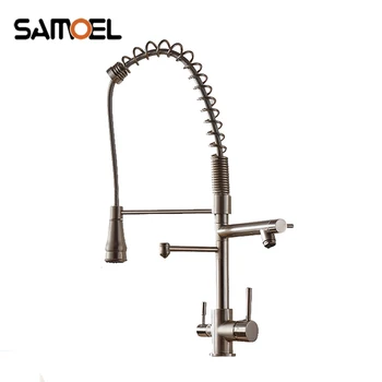 

Contemporary solid brass brushed nickel 3 way pull out kitchen sink mixer deck mount dual handle kitchen faucet NL702