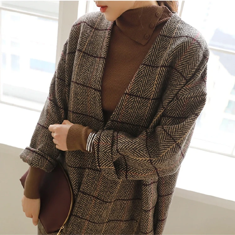UK Women Woolen Coat Autumn Winter Cassic Simple Long Plaid Cardigan Coat Trenchcoat Wool Coat All Match Vintage Plus Size UK Women Woolen Coat Autumn Winter Cassic Simple Long Plaid Cardigan Coat Trenchcoat Wool Coat All Match Vintage Plus Size