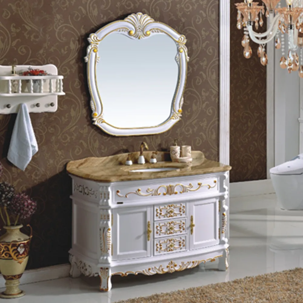 White Color Antique Style Beautiful gold carved design Wooden Bathroom