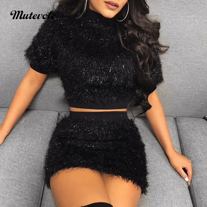 Mutevole Sexy Short Two Piece Skirt Set Women Short Sleeve Crop Top and Skirt Fluffy Set Fashion 2 Piece Outfit Sets Club Wear