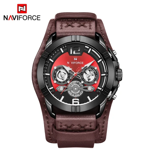 Black Red Red Новинка, мужские повседневные кварцевые часы от ведущего бренда NAVIFORCE, военные водонепроницаемые наручные часы с кожаным ремешком, светящиеся модные спортивные мужские часы - Цвет: Black Red Red
