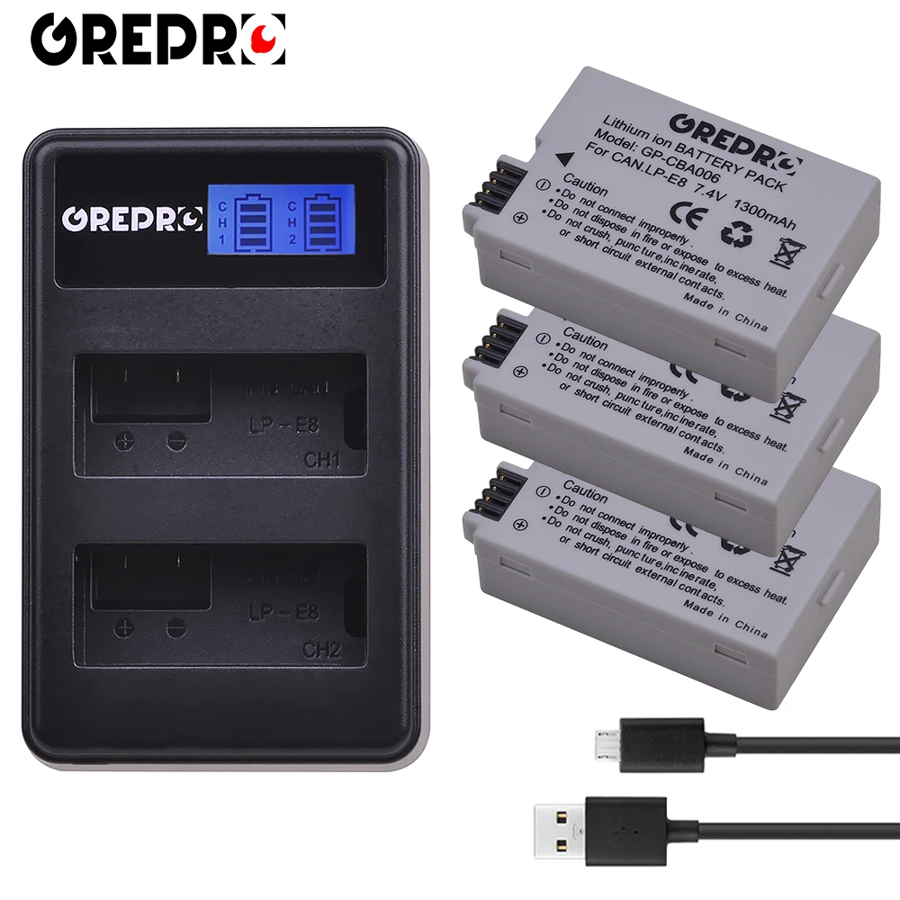

GREPRO 3pcs 1300mAh LP-E8 LP E8 Camera Battery+LCD Charger for Canon EOS 550D 600D 650D 700D X4 X5 X7i X6i T3i T2i Batterie AKKU