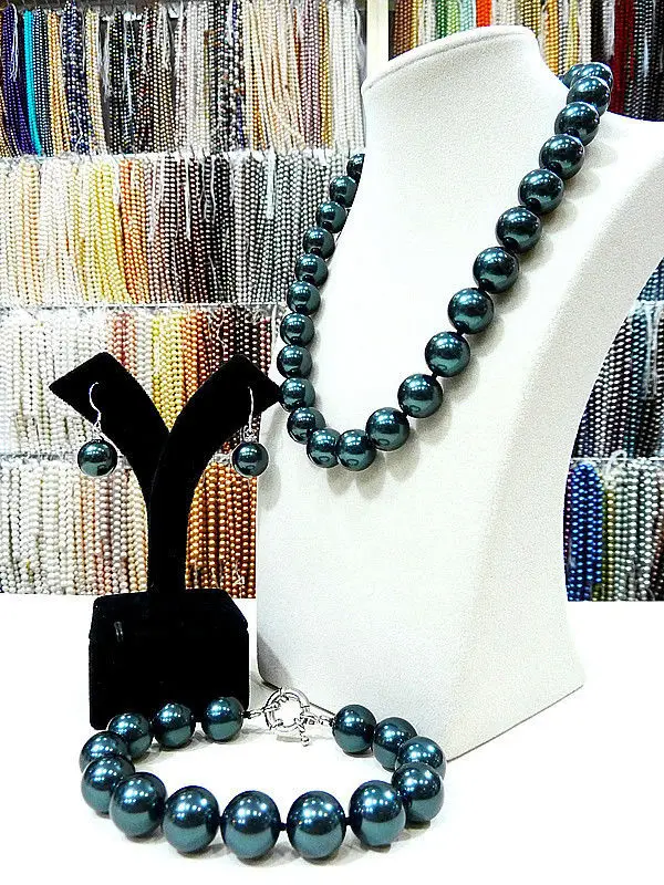 

Hot sale new Style >>>> real 12MM Black Shell Pearl Necklace Bracelet Earring Set AAA