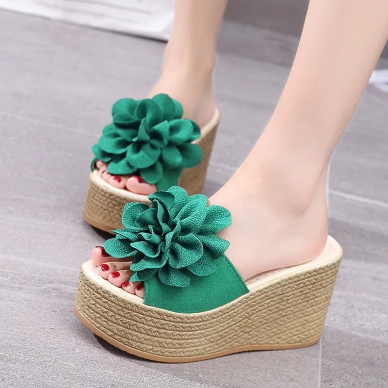 

2019 Summer Shoes Women Supper High Heels Slipper Flowers Wedges Slides Platform Shoes zapatos mujer Platform Slippers 72C30