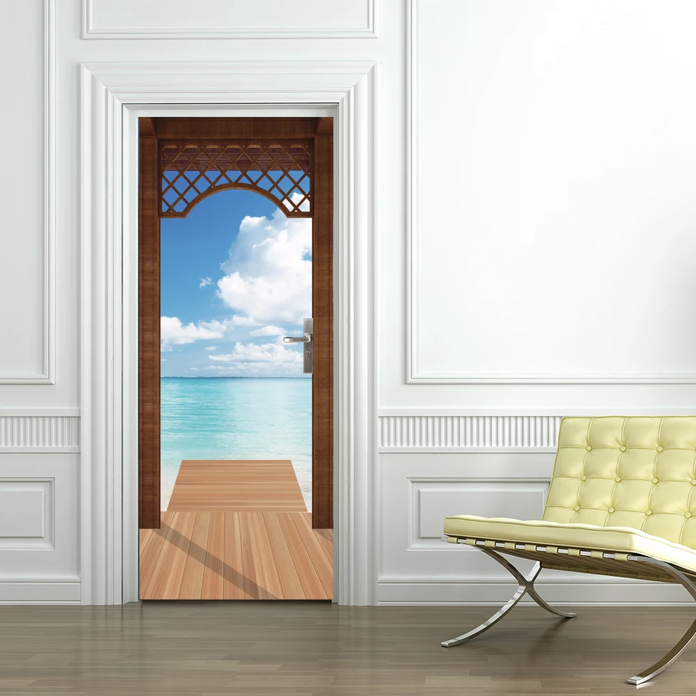 

Free shipping 3D bridge to sea Door Wall Stickers Bedroom Home Decor Poster PVC Waterproof Door Sticker 77x200cm