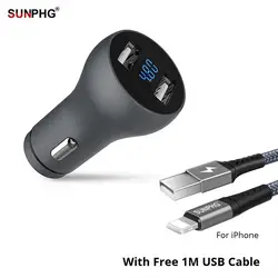SUNPHG мини Dual USB Автомобильное Зарядное устройство адаптер 4.8A мобильного телефона Зарядное устройство 2 Порты и разъёмы с кабелем для iPhone X 7 8