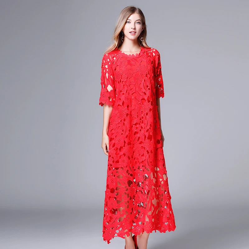 Большие размеры, две части, женские полые кружевные Длинные платья размера плюс, половина рукава, элегантные женские цветочные кружевные длинные красные вечерние платья