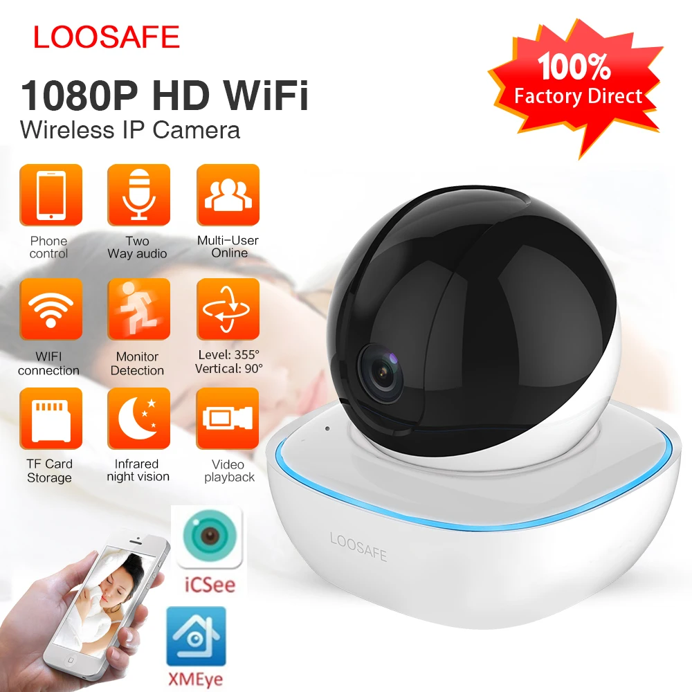 LOOSAFE HD Security IP Camera Wi-Fi 1080P Wireless Home Security Surveillance Alarm Night Vision P2P CCTV Camera Baby Monitor
