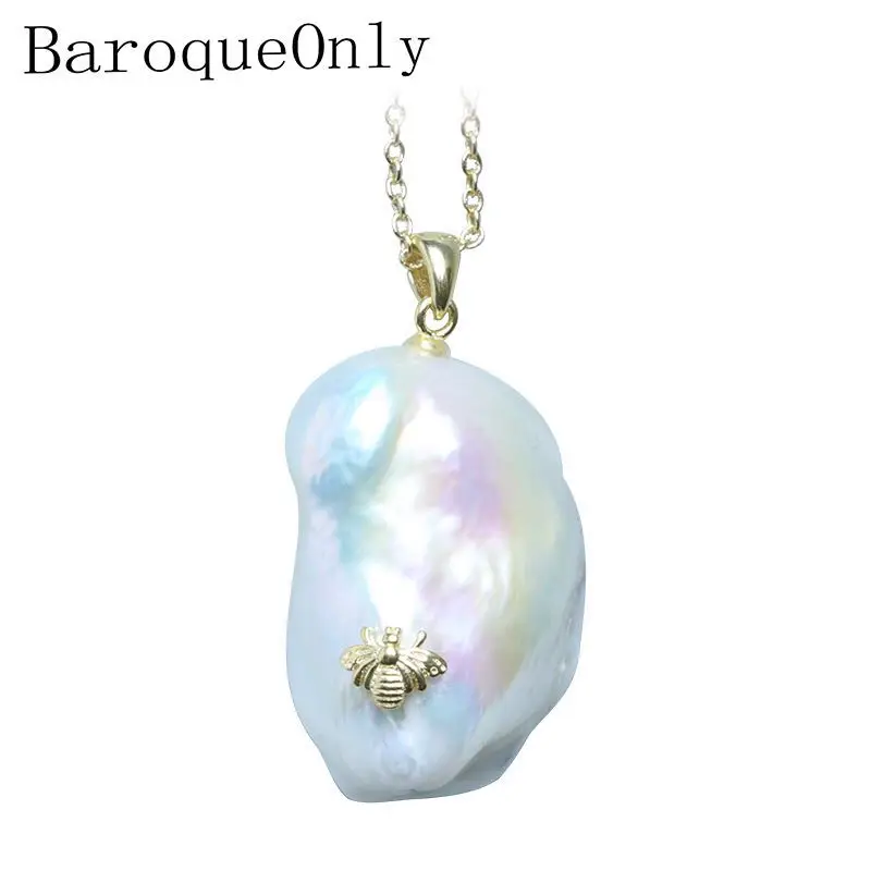 

925 Sterling Silver chain bee insect Pendant necklace Di*o style Freshwater Baroque Pearl Pendant handmade new arrival jewelry
