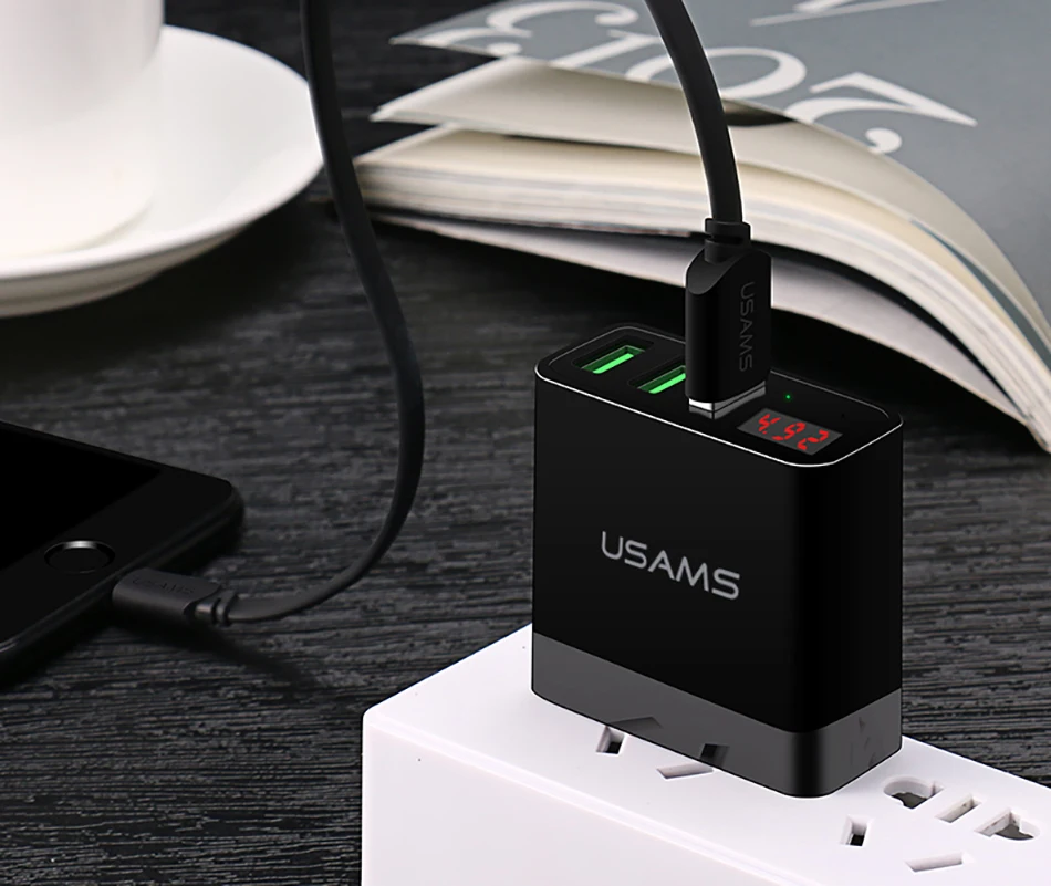 Светодиодный дисплей 3 USB зарядное устройство, USAMS Универсальное зарядное устройство для мобильного телефона Max 3A EU US настенное зарядное устройство для iPhone 7 8 X samsung Xiaomi зарядное устройство