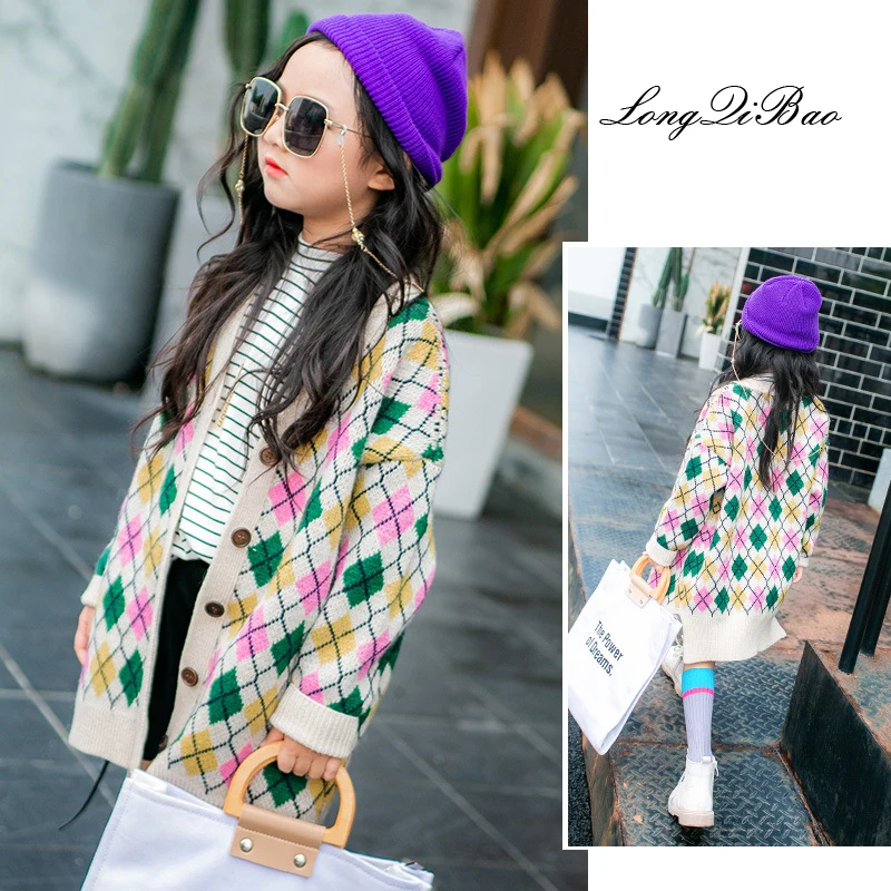 

Baby girl diamond shape long sweater cardigan big children's sweater jacket girl Korean version of the spring and autumn 2018 ne