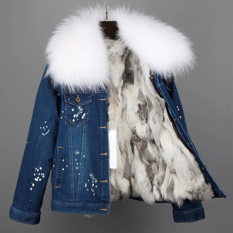 Брендовая Новинка, осенне-зимняя куртка, пальто, женская джинсовая куртка с дырками, настоящий большой воротник из меха енота, натуральный мех кролика, толстая теплая подкладка