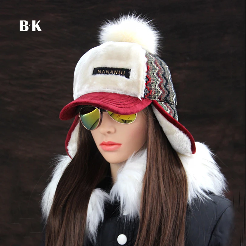 Winter Faux Cashmere Bomber Hat Women Earflap Caps Faux Fur Pompom Snow