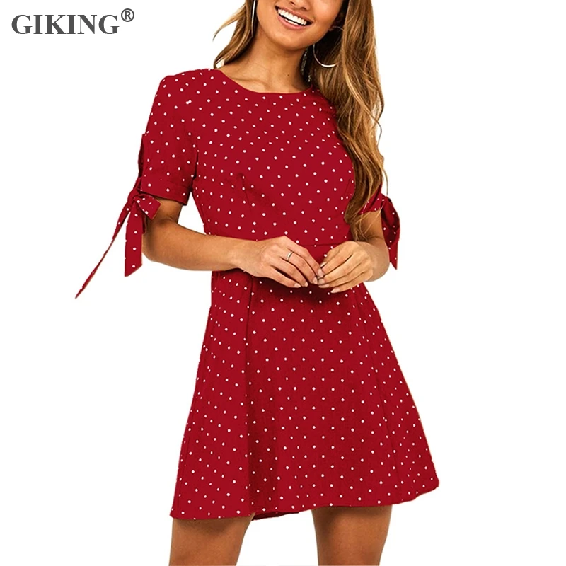 

GIKING Dot Print Summer Dress For Women Short Sleeve Bandage Boho Mini Party Dress Women's O-neck Holiday Beach Vestidos 2019