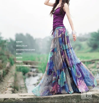 

Summer women 2019 new purple chiffon skirt printed women's long large skirt
