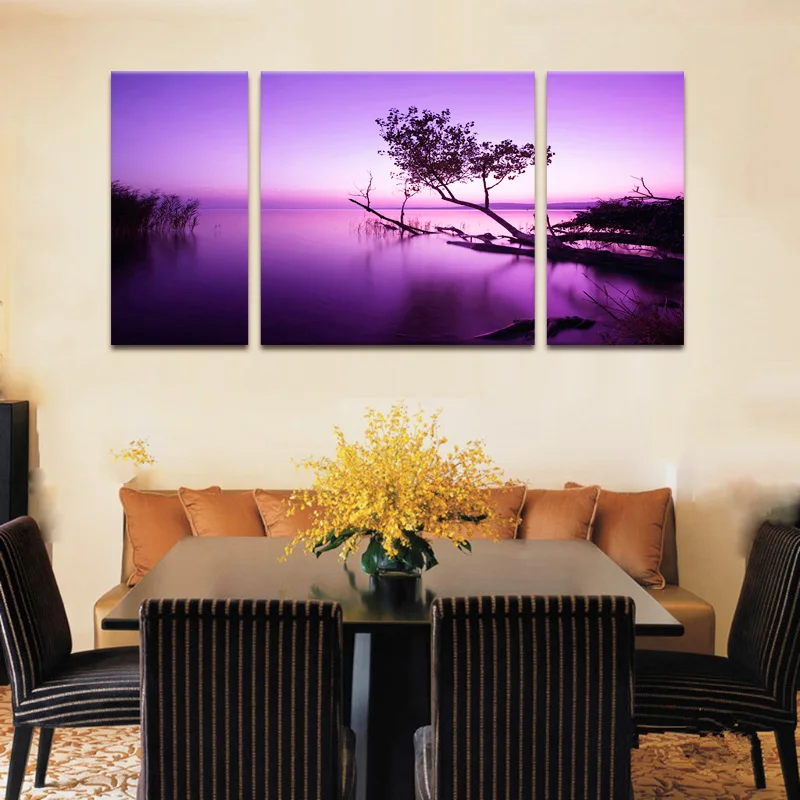 

3 Pcs/Set Purple Landscape Purple Lake Canvas Printed Paintings Modern River and Tree Wall Art For Bedroom Decor