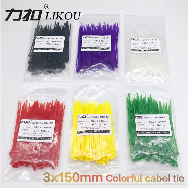

LIKOU Self-locking colouful Nylon Cable Ties 3x150mm 100PCS wholesale 12 color Plastic Zip Tie wire binding wrap straps