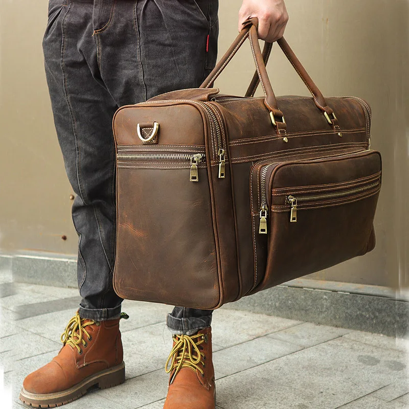 

Men's Crazy Horse Leather Travel Bag Cow Leather Big Travel Duffel Durable Cowhide Weekend Bag Man Genuine Leather Luggage Bag