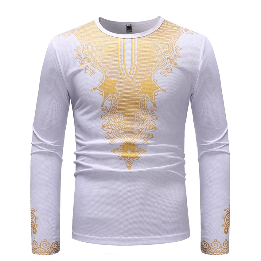 Fashion African Style Printing Men's Casual Suits T-shirt For Men Round-necked Long-sleeved Printed Clothing Tshirt Top | Мужская