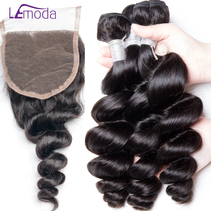 preço Cabelo Humano Onda solta Pacotes Com Fecho 3 LeModa Remy extensões de Cabelo Pacotes Tecer Cabelo Brasileiro Com Fecho