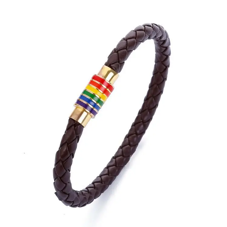 COOLCHEER плетеный кожаный браслет ювелирные изделия чёрный; коричневый унисекс нержавеющая сталь, геи Радуга гордости магнитный браслет с Шармами