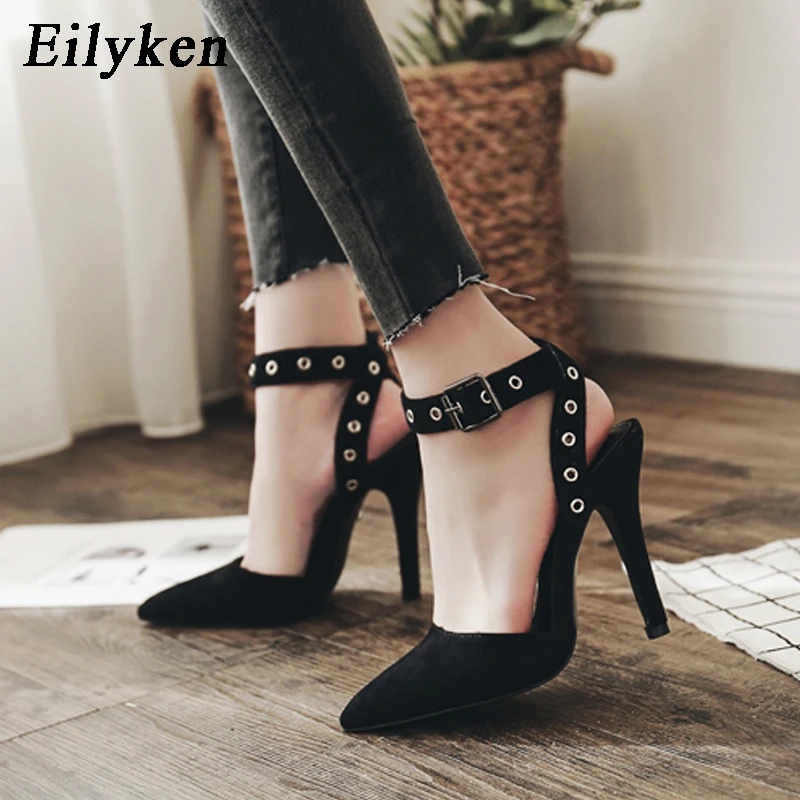 

Eilyken Rivet Buckle Strap Ladies Pointed Toe Pumps Sexy Extreme Hight Heel Women Shoes Black Flock Gladiator Heel Female Shoes