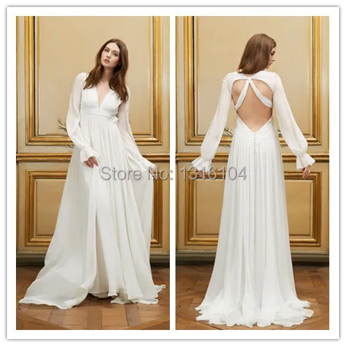 2016 Vintage 1950 S Deep V Neck Informal Bridal Gowns Long Sleeves