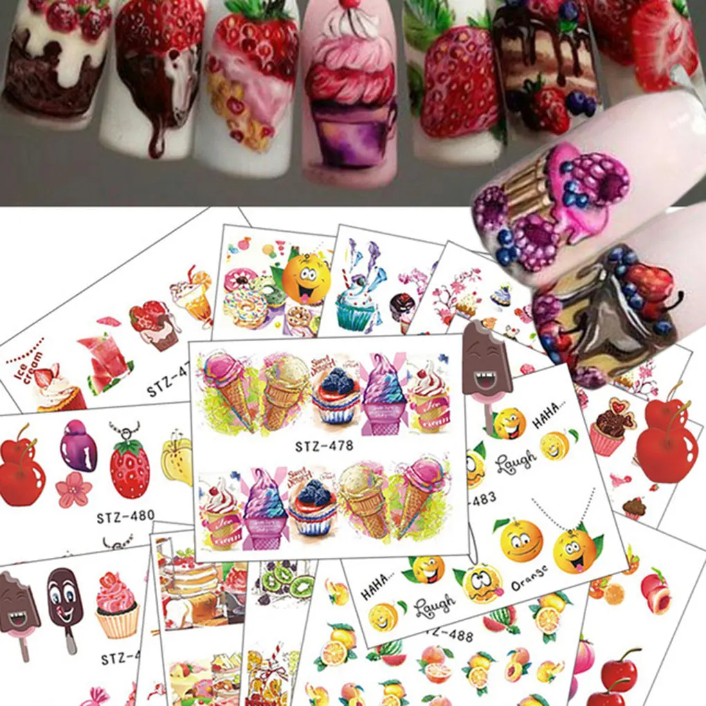 18 листов/набор торт мороженое цветные наклейки на ногти фрукты Женщины Девушки наклейки для ногтей обертывание маникюр декор