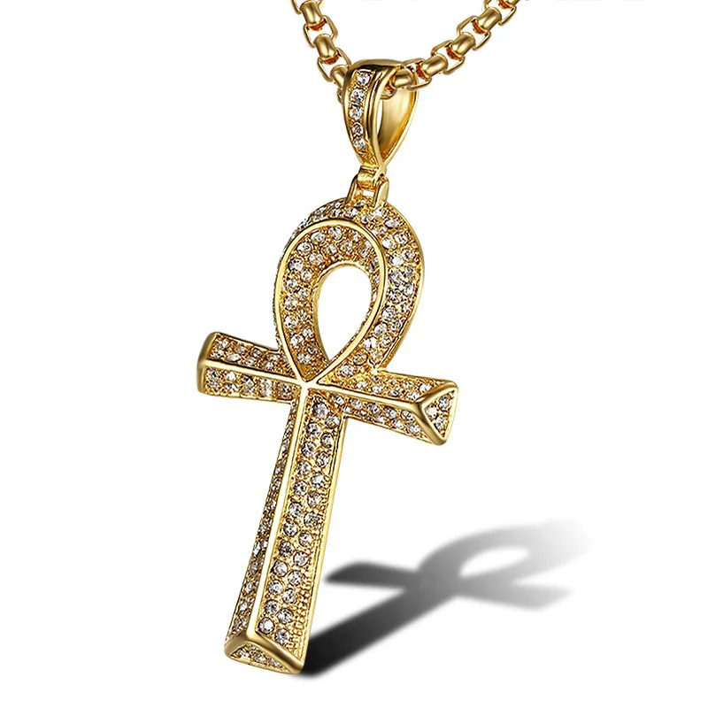 Крест АНХ подвески и ожерелья золотистого цвета из нержавеющей стали со стразами вымощенные Мужские украшения в стиле хип-хоп Рок подарок