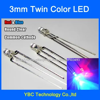 

100pcs/lot 3mm Red Blue LED Common Cathode 3Pin F3 Round Water Clear Diodes